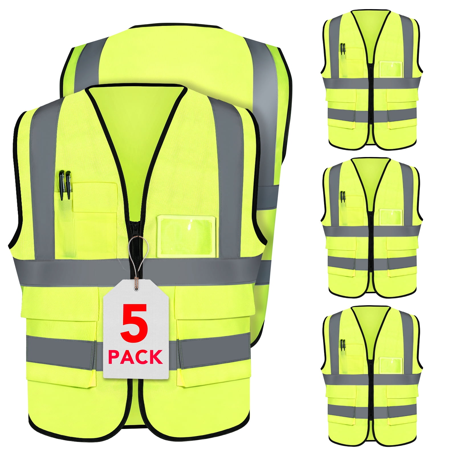 DIYMAG 5  Pack Safety Vests, XL,Neon Yellow-Hi-Vis Synthetic Work Vest, 3M Scotchlite Reflective Taping