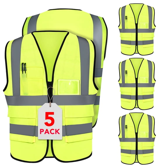 DIYMAG 5 Pack Safety Vests, XL,Neon Yellow-Hi-Vis Synthetic Work Vest, 3M Scotchlite Reflective Taping