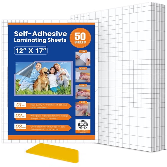 DIYMAG 50 Pcs Self-Adhesive Laminating Sheets , No Machine Needed Laminating Sheets for Photos/Documents/Paintings, (12 x 17 Inch; Clear)