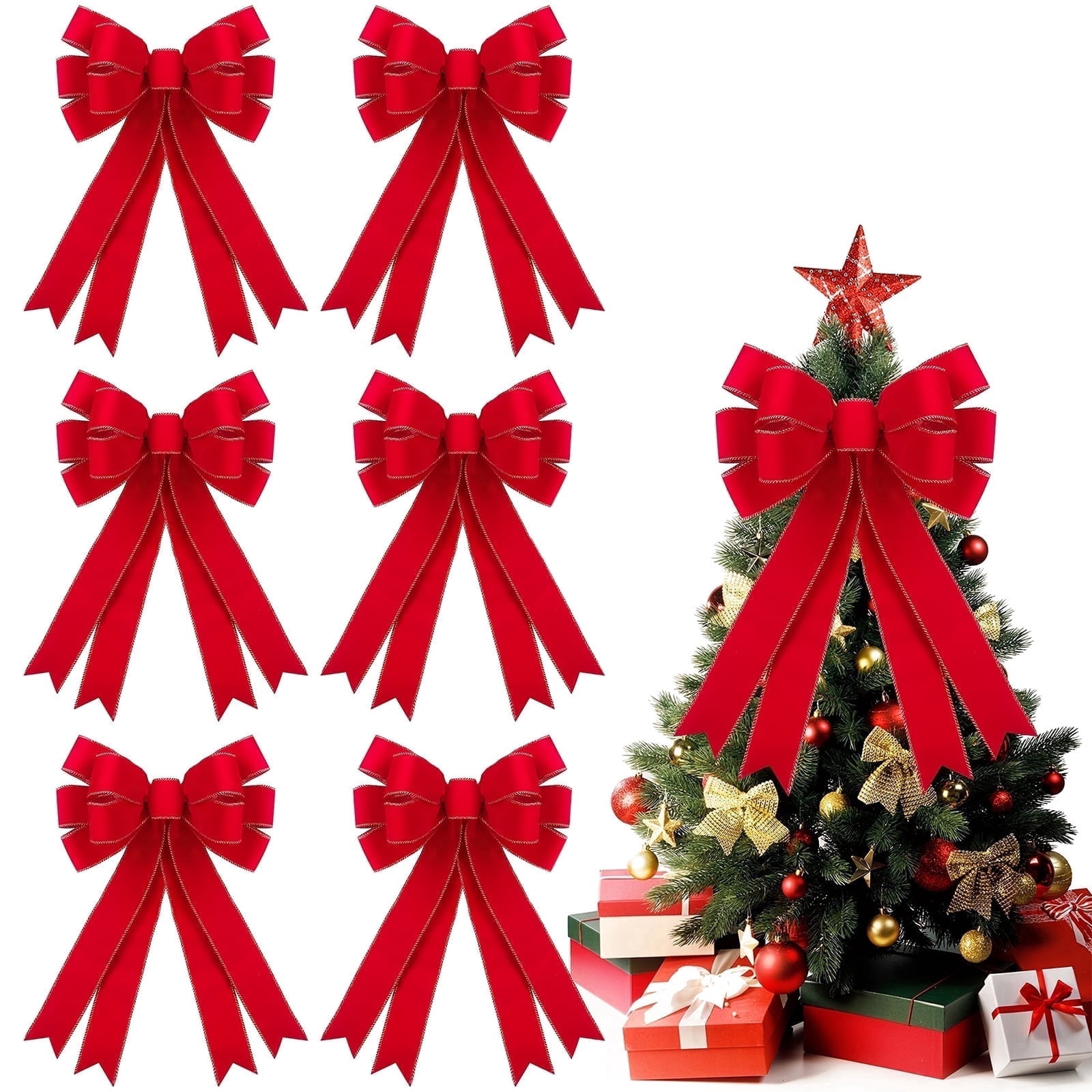 DIYMAG 6 Pcs Red Bow, 16 x 24in Large Red Velvet Bow for Wedding, Pour Party Decor Christmas Tree Topper Bow with Glitter Gold Edge for Home Front Door Decor