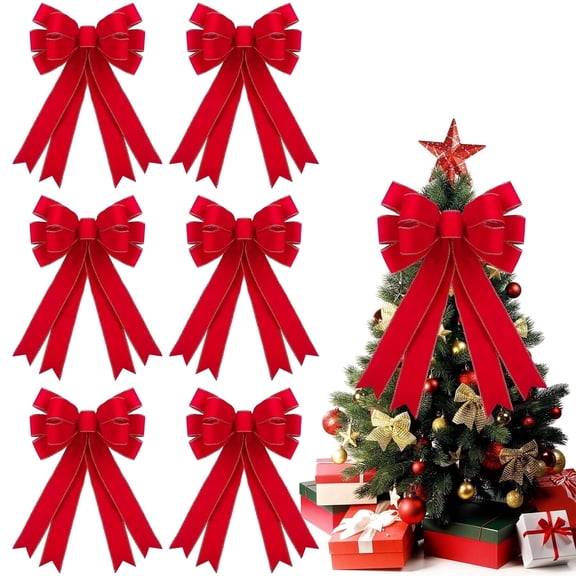 DIYMAG 6 Pcs Red Bow, 16 x 24in Large Red Velvet Bow for Wedding, Pour Party Decor Christmas Tree Topper Bow with Glitter Gold Edge for Home Front Door Decor