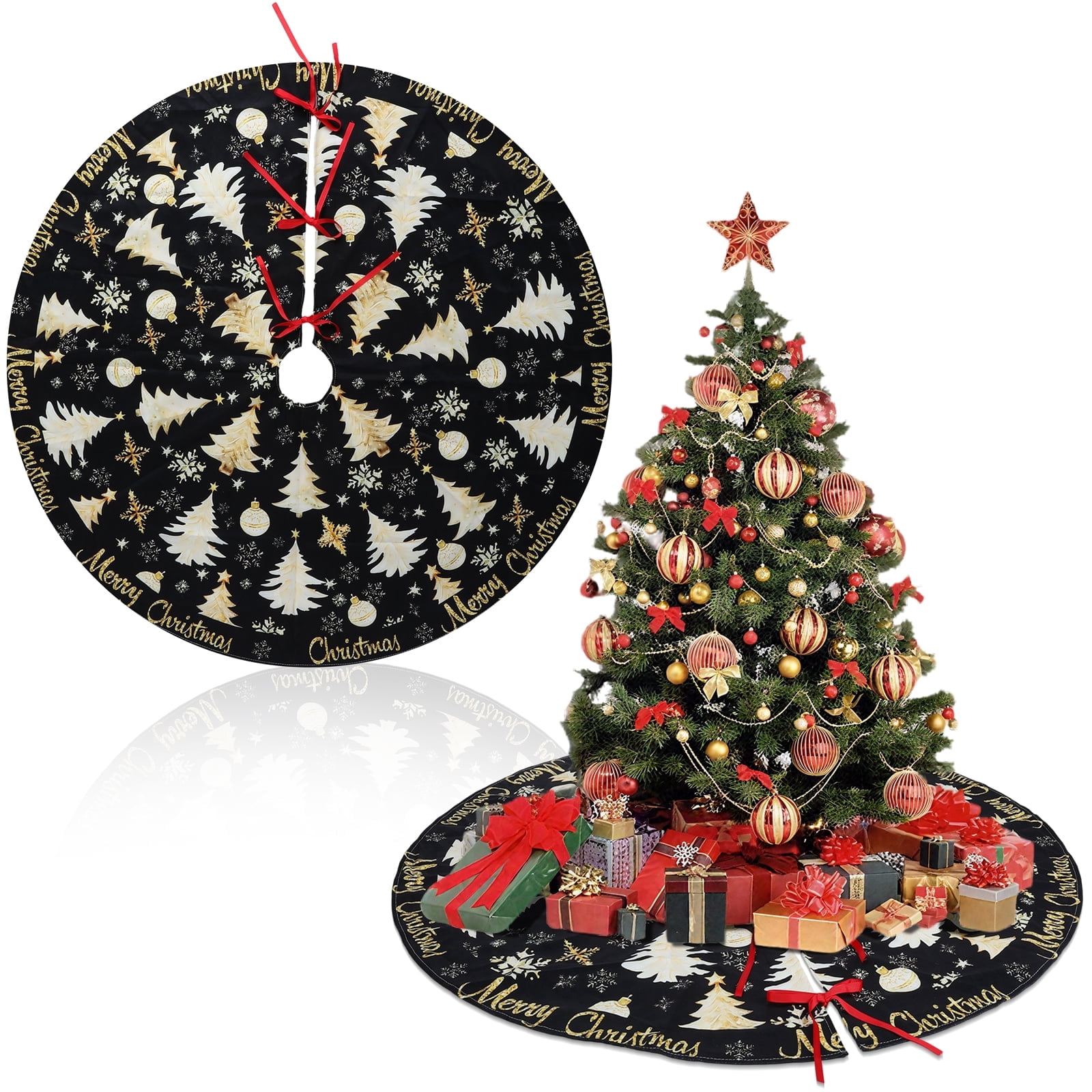 DIYMAG Christmas Tree Skirt, New Year Xmas Deco, 48 Inches Large Black And Gold Christmas Tree Skirt