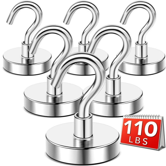 DIYMAG 6 Packs Magnetic Hooks,110 lb Heavy Duty Strong Magnet with Hook for Hanging, Strong Rare Earth Neodymium Magnet Hooks for Fridge, Kitchen,Cruise, Grill, Garage