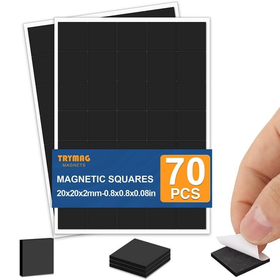 DIYMAG Magnetic Squares with Adhesive Backing, 70Pcs Self Adhesive Magnets Squares(Each 20x20x2mm), Flexible Magnet Sheets Strips Tapes with Adhesive for Crafts, Office, School, Easy Peel and Stick