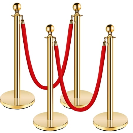 DIYMAG 4 Pcs Stainless Steel Stanchion Post, 5ft Red Carpet Ropes and Poles, Gold Stanchions with Red Rope,Hollow Base and Velvet Ropes Safety Barriers Set,Carpet Runner for Party (37in)