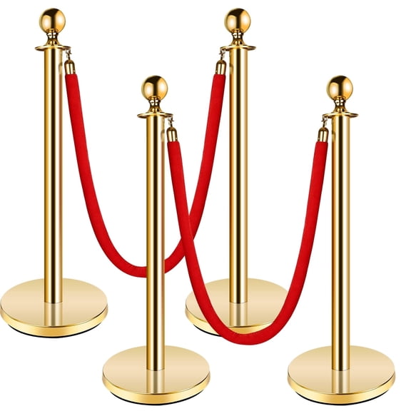 DIYMAG 4 Pcs Stainless Steel Stanchion Post, 5ft Red Carpet Ropes and Poles, Gold Stanchions with Red Rope,Hollow Base and Velvet Ropes Safety Barriers Set,Carpet Runner for Party (37in)