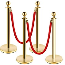 DIYMAG Stainless Steel Stanchion Post,5 FT Red Carpet Ropes and Poles,4 Pcs Gold Stanchions with Red Rope,Hollow Base and Velvet Ropes Safety Barriers Set,Carpet Runner for Party (37in)