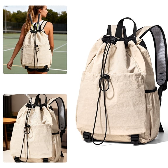 DIYMAG Tennis Backpack Badminton Backpack - Large Drawstring Backpack for Sport, Waterproof Bag for Pickleball Paddles, Badminton Racquet, Squash Racquet,Balls and Other Accessories(White)