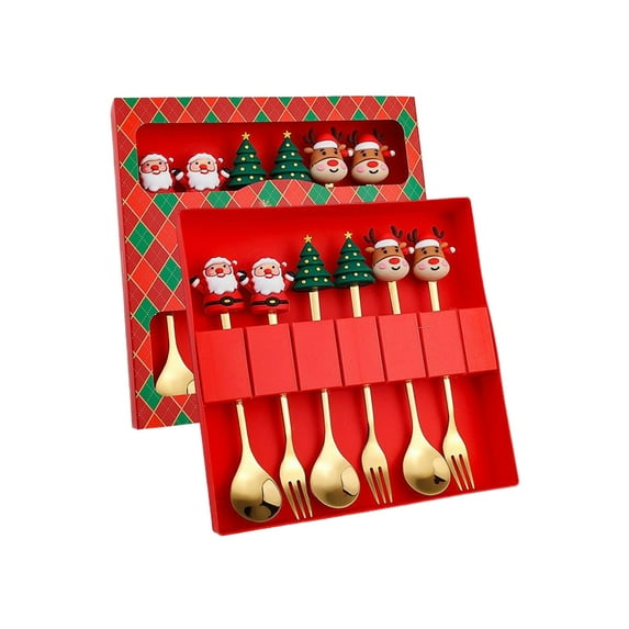 DIYOO Elegant Christmas Dinnerware Set with Reindeer and Tree Motif Stainless Steel Spoons and Forks in Red or Green Gift Boxes Suitable for Children's Holiday Presents(4/6 pieces)