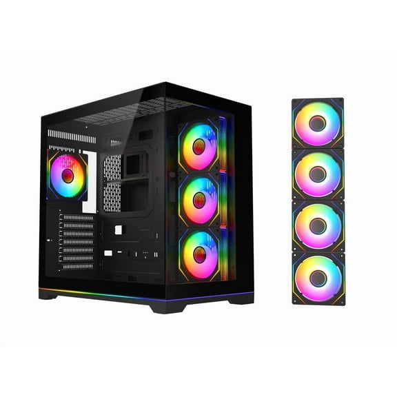 DIYPC ARGB-DC200-BK Black Dual USB3.0 Tempered Glass ATX Gaming Computer Case w/ 4 x ARGB PWM Fans (Pre-Installed) and ARGB Light Strip at Bottom.