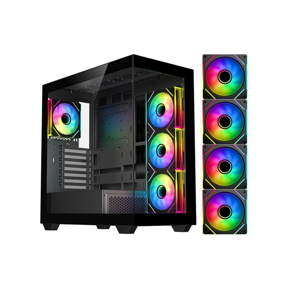 DIYPC ARGB-N6-BK Black Dual USB3.0/ 1 xType C Tempered Glass ATX Gaming Computer Case w/ Dual Tempered Glass Panel and 4 x ARGB PWM Fans (Pre-Installed). Support  BTF Back Plug MB