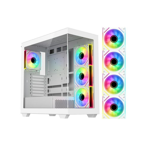 DIYPC ARGB-N6-W White Dual USB3.0/ 1 xType C Tempered Glass ATX Gaming Computer Case w/ Dual Tempered Glass Panel and 4 x ARGB PWM Fans (Pre-Installed). Support BTF Back Plug MB