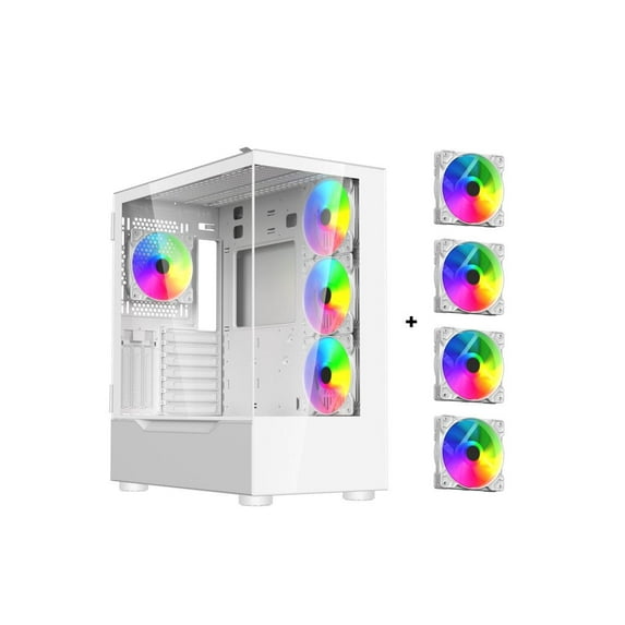 DIYPC ARGB-Q18-W White USB3.0 ATX Mid Tower Gaming Computer Case w/ Dual Tempered Glass Panel and 4 x ARGB 120mm Fans (Pre-Installed)