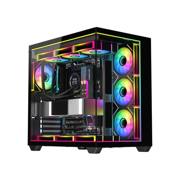 DIYPC IDX3-ATX-ARGB Black Dual USB3.0/ Type C Tempered Glass ATX Gaming Computer Case w/ Dual Tempered Glass Panel and 4 x ARGB PWM Fans (Pre-Installed). Integrated ARGB Light Strip.