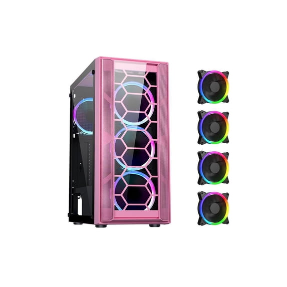 DIYPC Rainbow-Flash-F4-P Pink USB 3.0 Steel / Tempered Glass ATX Mid Tower Computer Case, 4 x 120mm Autoflow Rainbow LED Fans (Pre-Installed)