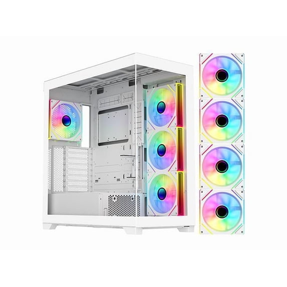 DIYPC  Vanguard-F2-W -White Dual USB3.0 and Type C Tempered Glass ATX Full Tower Gaming Computer Case w/ 4 x 140mm ARGB PWM Fans (3 x MB Side, 1 x Rear) Pre-Installed. Support BTF Back Plug MB.
