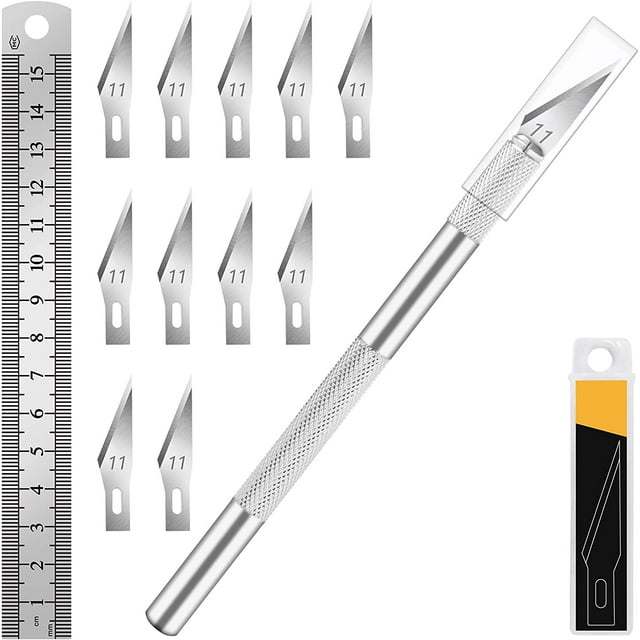 DIYSELF 1 Pcs Craft Knife with 11 Stainless Steel Blades Kit, 1 Steel 15MM Ruler (Silver)