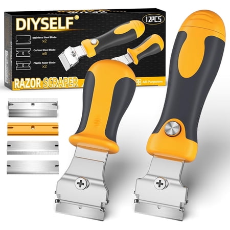 DIYSELF 12PCS Razor Blade Scraper, Includes Extendable Handle and 10 Extra Blades