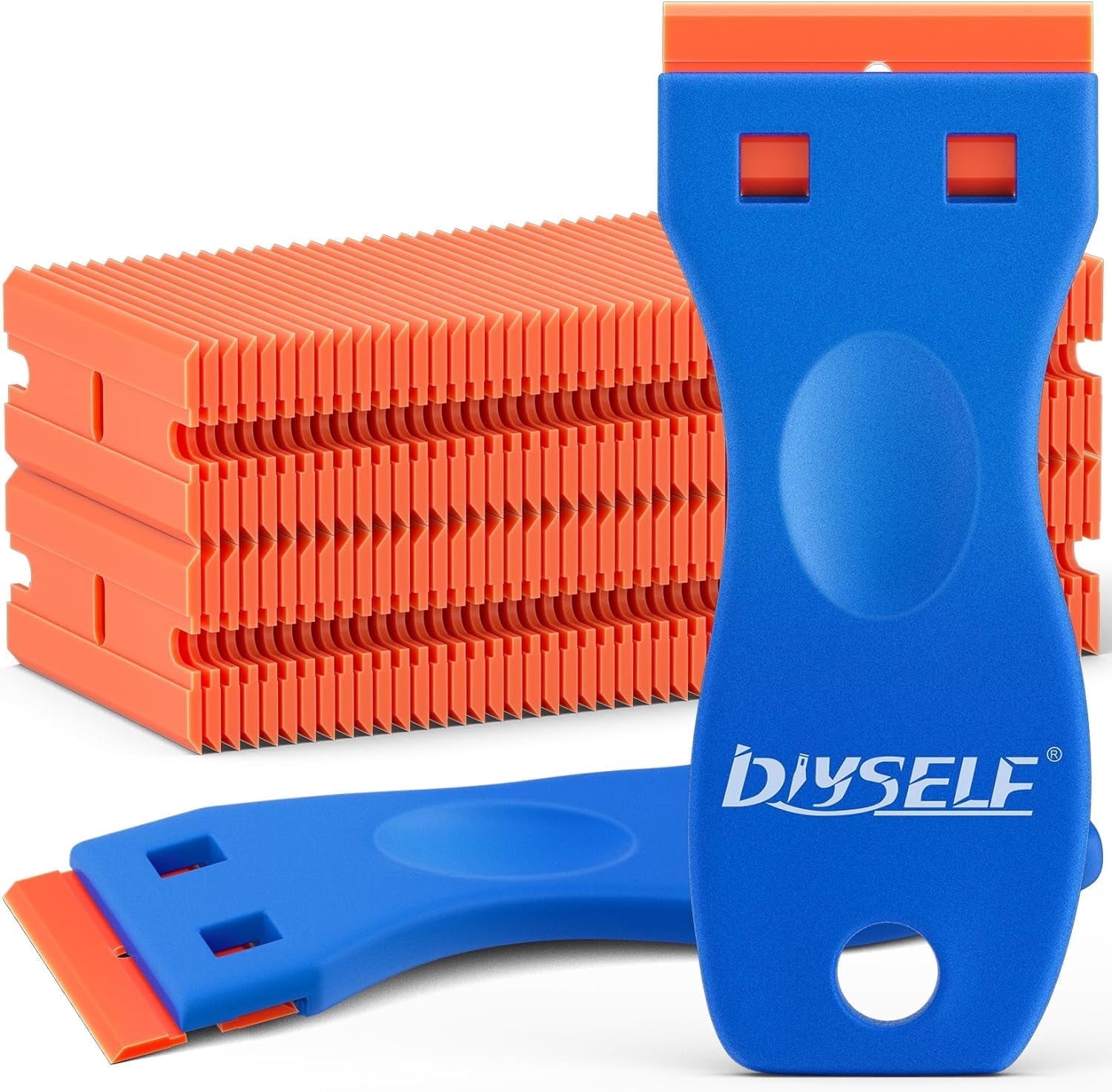 DIYSELF 2 Pack Plastic Razor Blade Scraper, 100Pcs Plastic Razor Blades Refills