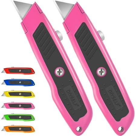 DIYSELF 2 Pack Utility Knife Box Cutter Retractable Heavy Duty (Pink)