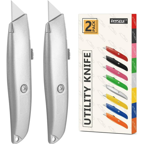 DIYSELF 2Pack Utility Knife Box Cutter Retractable Blade Heavy Duty(Silver)