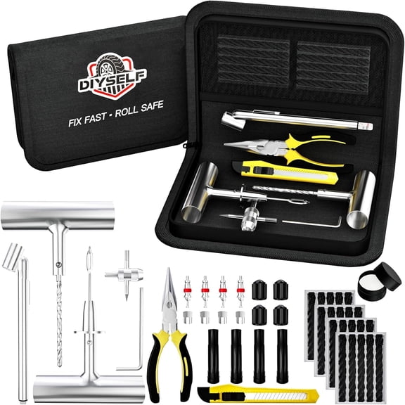 DIYSELF 45 PCS Tire Repair Kit, Complete Tire Patching and Sealing Tools, High-Quality Tire Repair Tools for Cars, Motorcycles, and Bicycles