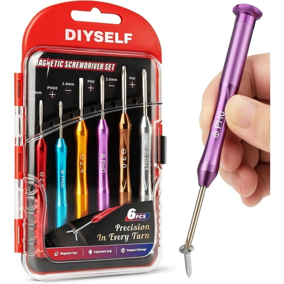 DIYSELF 6-Piece Precision Magnetic Screwdriver Set  CR-V Steel Mini Screwdrivers with Magnetic Tips, Ergonomic Aluminum Handles, Slotted & Phillips for Home and Electronics Repair