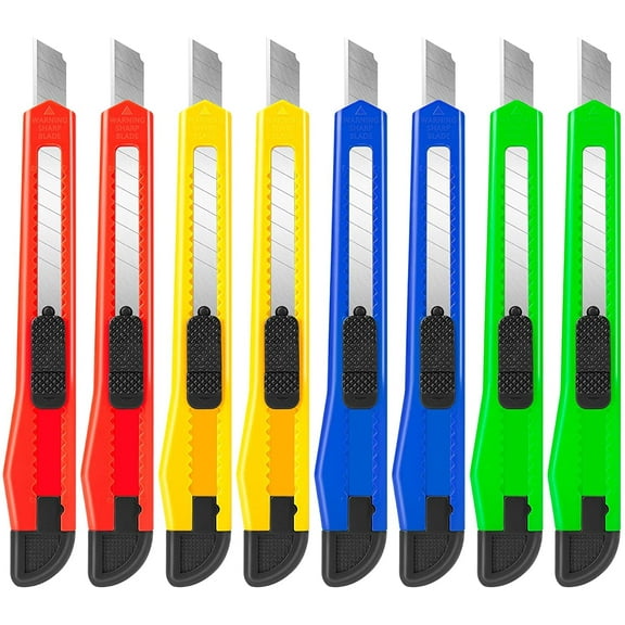 DIYSELF 8 Pack Utility Knife Box Cutters (9mm Wide Blade 4 Colors) Box Cutter Retractable