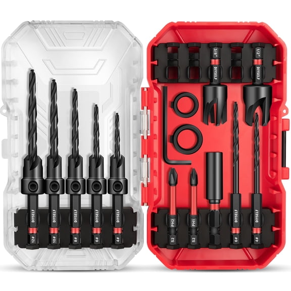 Countersink Drill Bit Set, 15-Piece M2 HSS Pilot & Chamfer Bit Combo with Adjustable Depth Stop and Storage Case 1/4" Hex Shank for Wood, Plastic, Soft Metal