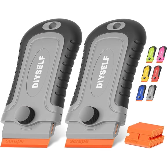 Plastic Razor Blade Scraper– 2 Pcs Scrapers with 10 Pcs Plastic Razor Blades, Sticker Remover Tool for Car, Glass Cooktop, Label, Decal, Window, Plastic Blade Scraper for Cleaning (Grey)