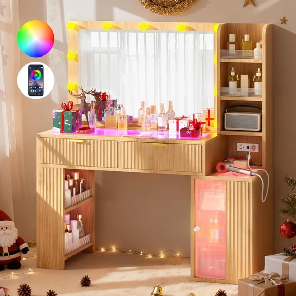 DIYSET 47" Fluted Wood Vanity with Large 37" Mirror and RGB Lights, Makeup Vanity Desk with Tempered Glass Top & 2 Lighted Drawers & Acrylic Cabinet & 5 Shelves & Charging Station