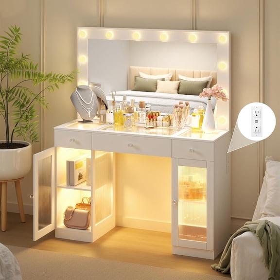 DIYSET Makeup Vanity Desk with 36.9" Lighted Mirror, Glass Top Vanity with 3 LED Drawers, 2 Acrylic Cabinets, Hollywood Bulbs & Built-In Charging Station