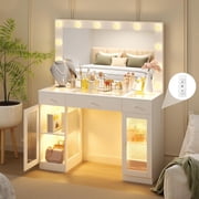 DIYSET Makeup Vanity Desk with 36.9 Lighted Mirror, Glass Top Vanity with 3 LED Drawers, 2 Acrylic Cabinets, Hollywood Bulbs & Built-In Charging Station