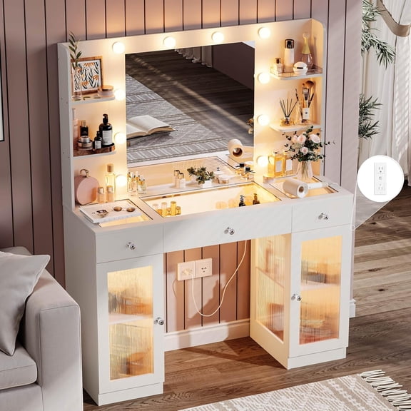 DIYSET Makeup Vanity Desk with Mirror and Lights, Glass Top Vanity with 2 Taller Acrylic Cabinets & 3 Lighted Drawers & 4 Shelves, Hollywood Bulb Vanity Table with Power Outlets, White