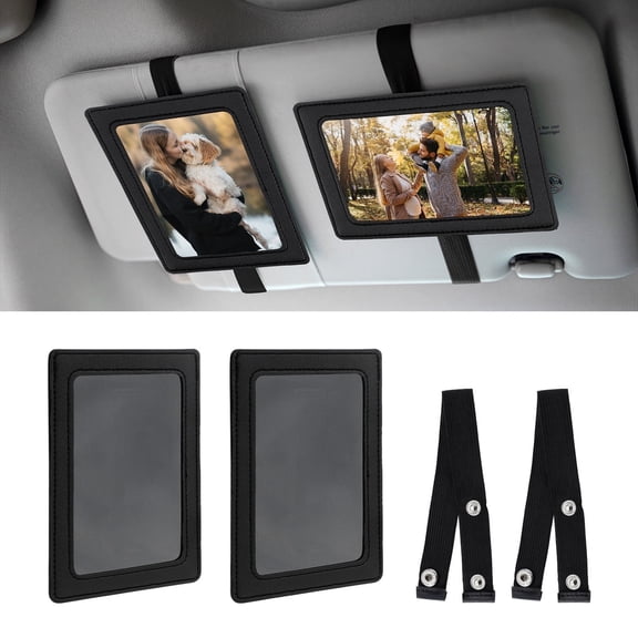 DIYSMART Car Visor Photo Holder Frame Leather Display Memorial Pictures for Couple Family Universal Vehicle Personalized Decor Black 2pcs