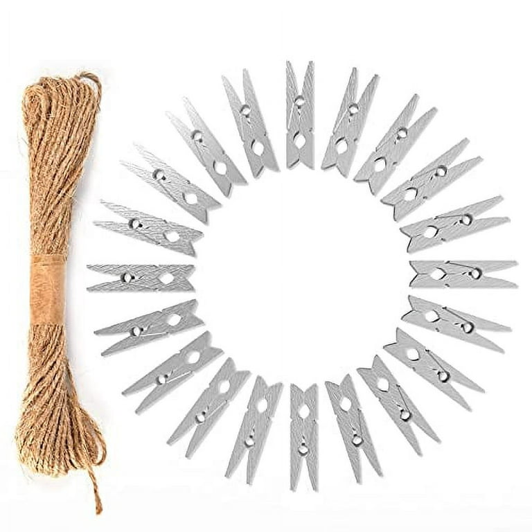 DIYpainter Mini Clothespins-50pcs Small SilverNatural Wooden Clothespins  with Jute Twine for Photos Display, Baby Clothes Pins,Small Clips for Home  School Decor Clothesline Utility Clips, Si 