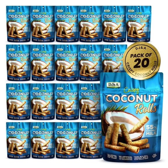 DJ&A Crispy Coconut Rolls, 70g, All Natural, Black Sesame Seeds, 55% Coconut Milk Pack of 20