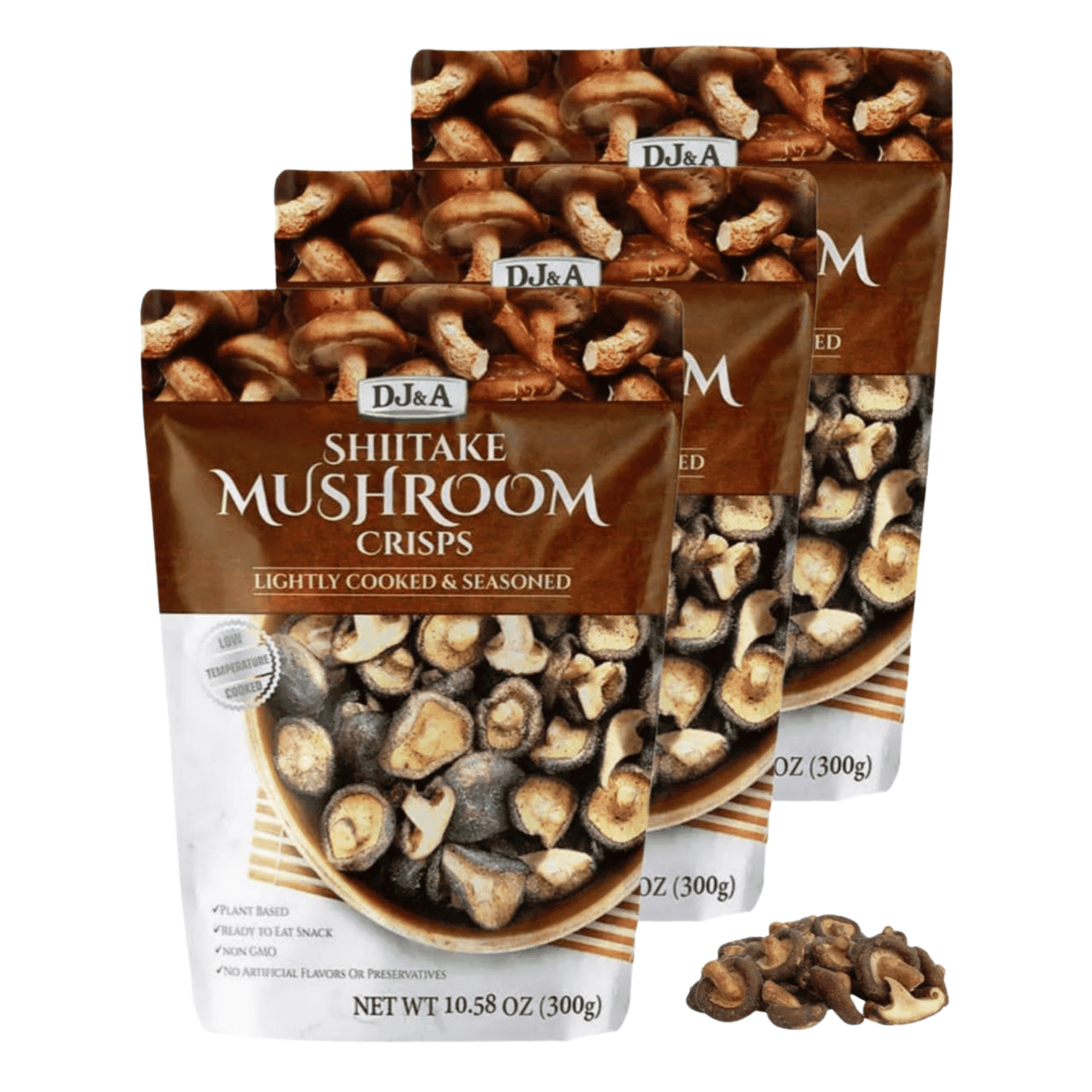 DJ&A Shiitake Mushroom Crisps, Lightly Cooked & Seasoned, 10.58 oz, 3-Pack, Plant-Based Snack