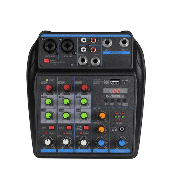 DJ Audio Mixer, DJ Mixer 4 Channel Sound Board with Bluetooth, Sound Mixing Board XRL/1/4 Inch Interface, USB/MP3 Computer Input 48V Phantom Power Stereo DJ Studio Streaming KTV Stage