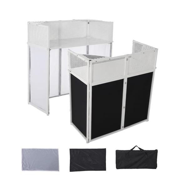 DJ Booth, Portable Folding DJ Stand with Heavy-Duty Iron Frame, 40 x 20 in. Work Surface, Cable Management Holes, Side Trays, Scrims and Carry Bag