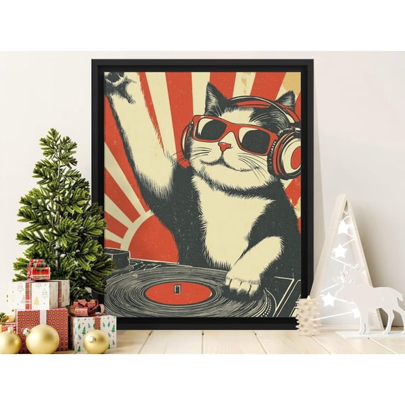 DJ Cat Art Print Retro Party Animal Music Lover Feline Wall Decoration ...