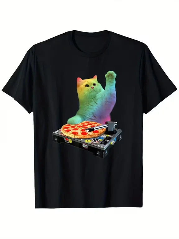 DJ Cat & Pizza Graphic T-Shirt - Cute White Kitty DJ with Pizza & Turntables Des