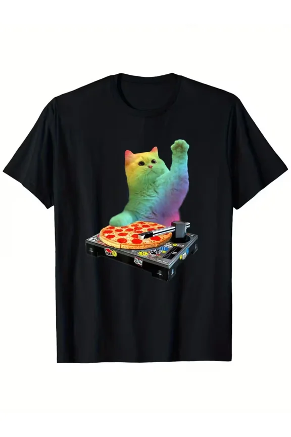 DJ Cat & Pizza Graphic T-Shirt - Cute White Kitty DJ with Pizza & Turntables Des