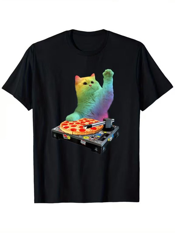DJ Cat & Pizza Graphic T-Shirt - Cute White Kitty DJ with Pizza & Turntables Des