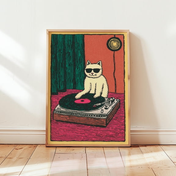 DJ Cat Poster, Vinyl Record, Paper Wall Art, Poster Only