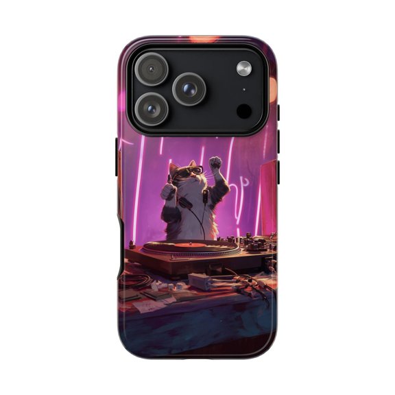 DJ Cat Spinning Records Music Dance Party Cartoon Phone Case 17 16 15 14 13 12 11 Pro Max