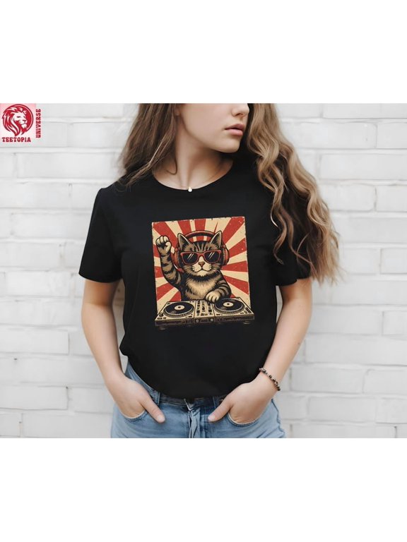DJ Cat T-shirt, Funny Rave Cat Tee, Music Lover Kitty Shirt, Party Cat DJ Graphic Tee, Cool Cat Lover Gift Idea, Gift for Him