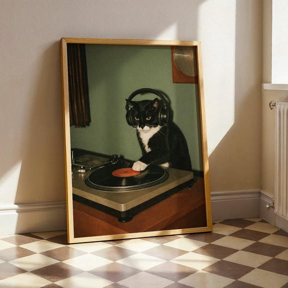 DJ Cat Vinyl Print Retro Music Room Poster Retro Turntable Artwork