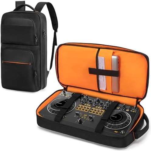 DJ Controller Backpack Compatible with DDJ 400/ SB2/ SB3/ DDJ-REV1/ DDJ-FLX4, Padded DJ Controller Storage Bag with Laptop Sleeve, DJ Mixer Carrying Case for DJ Equipment, Cable$$Music