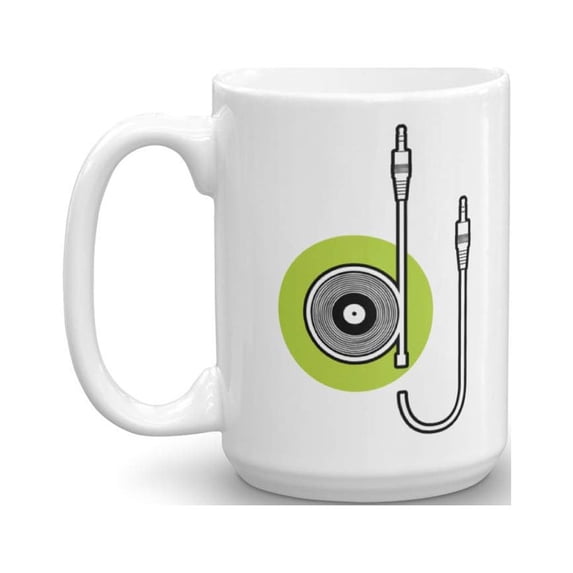 DJ Cord Equipment With CD Vinyl Art Coffee & Tea Gift Mug, Stuff, Party Supplies, Favors, Desk Décor, Decorations And Accessories For A Radio, Club Or Resident Disc Jockey & Battle DJs (15oz)